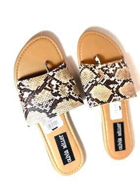 Olivia Miller Snake Print Slide Sandals Tan Brown Flat Slip On Chic Summer Sz.10